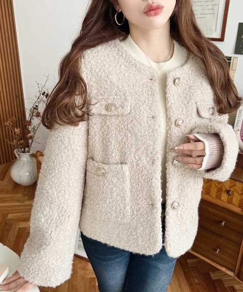 フェイクリングウール金ボタンノーカラージャケット（ノーカラー