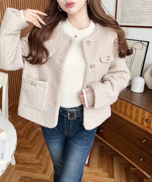 極美品✨レオナール ノーカラージャケットコート 宝石柄トリム 金ボタン LL相当 フェイクリングウール金ボタンノーカラージャケット（ノーカラー