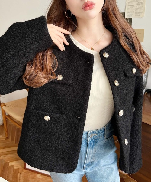 フェイクリングウール金ボタンノーカラージャケット（ノーカラー