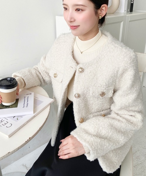 フェイクリングウール金ボタンノーカラージャケット（ノーカラー