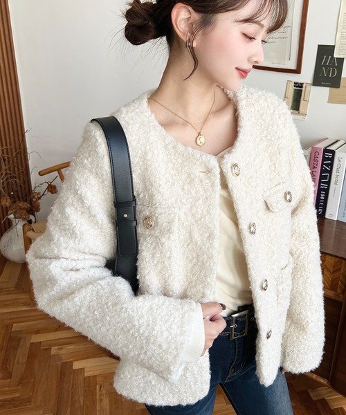 フェイクリングウール金ボタンノーカラージャケット（ノーカラー