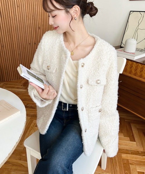 ユーロ モヘア チロル ジャケット レザー 切替 ダブルボタン ノーカラー ゴールドボタンテーラードダブルジャケット | ジャケット | NOELA