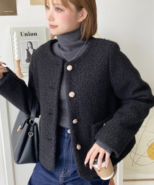 ジャーナルスタンダード　レサージュ　ノーカラージャケット　ネイビー　金ボタン N.s ジャケット ノーカラージャケット ゴールドボタンノーカラー