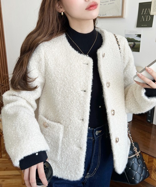 ponpon ノーカラー ツイードジャケット ブラック ゴールドボタン ポンポン ponpon ノーカラー ツイードジャケット ブラック ゴールドボタン