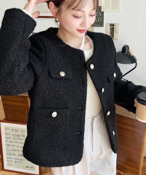 24FW KHOKI ノーカラー フリンジ ウールジャケット 2 ブラック 24FW KHOKI ノーカラー フリンジ ウールジャケット 2 ブラック