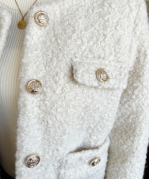 フェイクリングウール金ボタンノーカラージャケット（ノーカラー