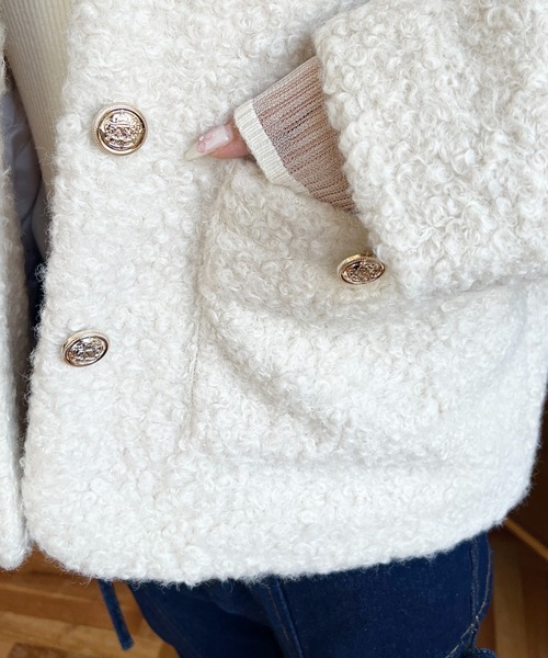 フェイクリングウール金ボタンノーカラージャケット（ノーカラー