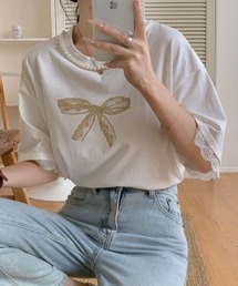 カラーリボンプリント襟パール付きオーバーTee