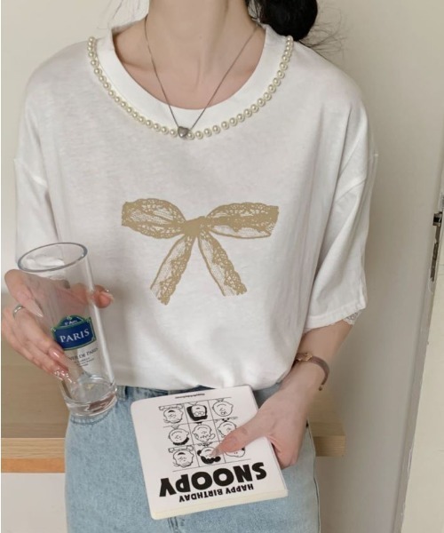 Diosfront(ディオスフロント)の「カラーリボンプリント襟パール付きオーバーTee(Tシャツ/カットソー・レディース・ホワイト/ブラック/グレー・FREE)」の17枚目の写真