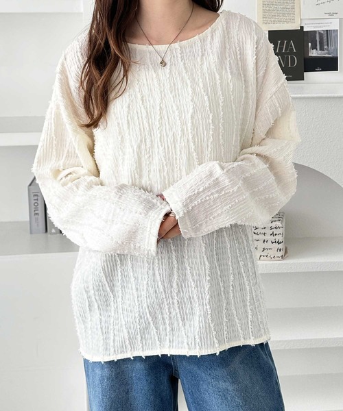 GeeRA（ジーラ）の「シャギージャガードフリンジボートネックカットソー（Tシャツ/カットソー・レディース・モカ/オフホワイト/ブルー/ブラック/ライム・MEDIUM/LARGE/X-LARGE）」の6枚目の写真