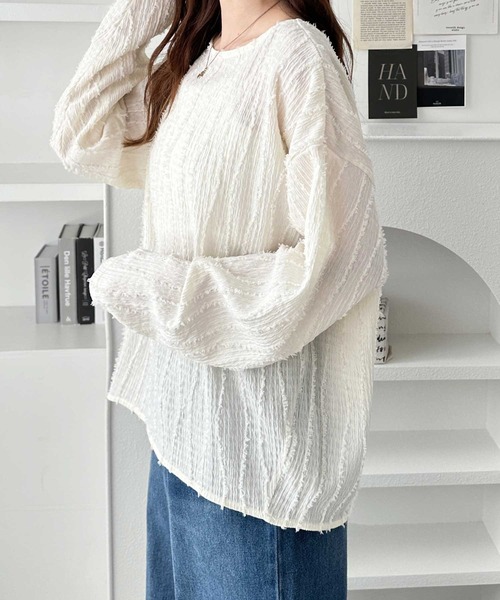 GeeRA（ジーラ）の「シャギージャガードフリンジボートネックカットソー（Tシャツ/カットソー・レディース・モカ/オフホワイト/ブルー/ブラック/ライム・MEDIUM/LARGE/X-LARGE）」の7枚目の写真