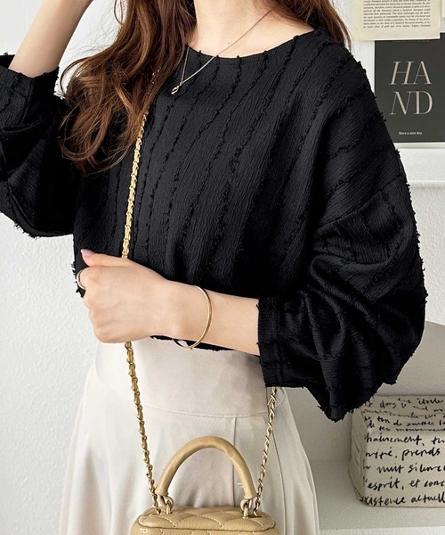 GeeRA（ジーラ）の「シャギージャガードフリンジボートネックカットソー（Tシャツ/カットソー・レディース・モカ/オフホワイト/ブルー/ブラック/ライム・MEDIUM/LARGE/X-LARGE）」の11枚目の写真