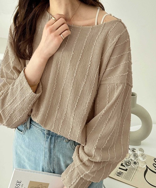 セール】シャギージャガードフリンジボートネックカットソー（T