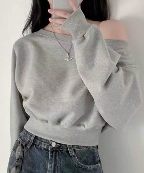 Teem Store（チームストア）の「オフショルダー ショート トップス（スウェット・レディース・ブラック/グレー/ホワイト・F）」の6枚目の写真