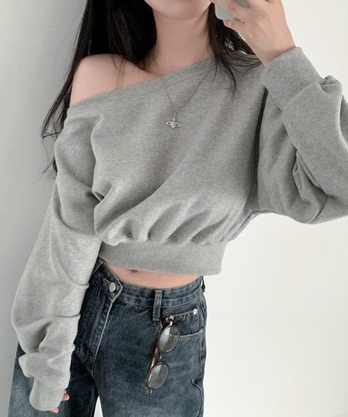 Teem Store（チームストア）の「オフショルダー ショート トップス（スウェット・レディース・ブラック/グレー/ホワイト・F）」の5枚目の写真