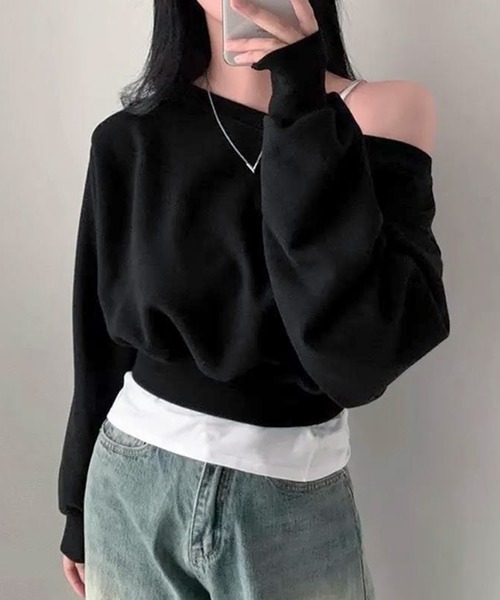 Teem Store（チームストア）の「オフショルダー ショート トップス（スウェット・レディース・ブラック/グレー/ホワイト・F）」の4枚目の写真