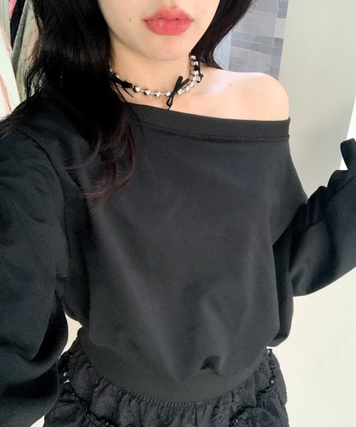 Teem Store（チームストア）の「オフショルダー ショート トップス（スウェット・レディース・ブラック/グレー/ホワイト・F）」の10枚目の写真
