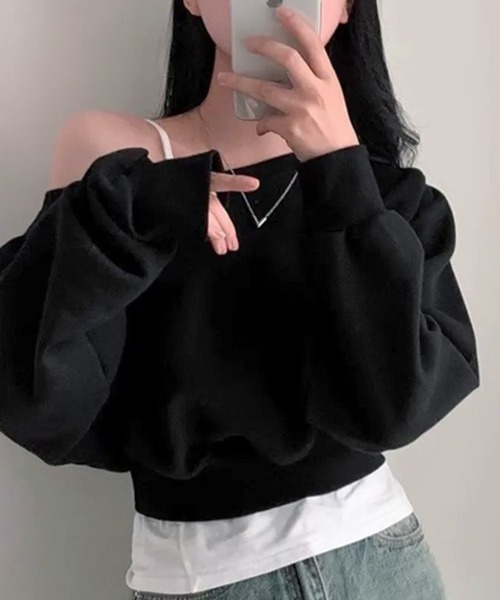 Teem Store（チームストア）の「オフショルダー ショート トップス（スウェット・レディース・ブラック/グレー/ホワイト・F）」の14枚目の写真