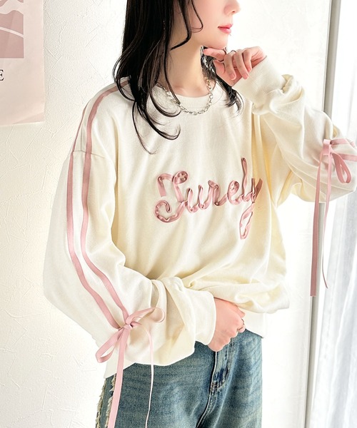 mily bilet(ミウィビレット)の「【mily bilet】気分上がるサテンリボンロゴが可愛い。サイドシャーリングサテンリボン使いスウェットトップス(長袖)(スウェット・レディース・アイボリー/オートミール/チャコールグレー・X-LARGE/SMALL/MEDIUM/LARGE)」の7枚目の写真