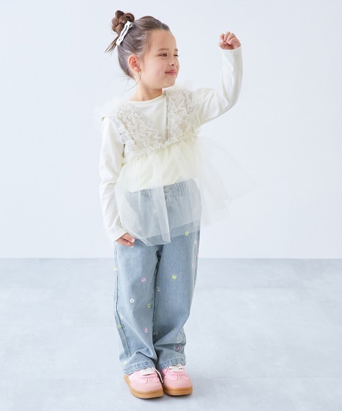 ハートと花がえらべる 刺繍 デニム ワイドパンツ（デニムパンツ