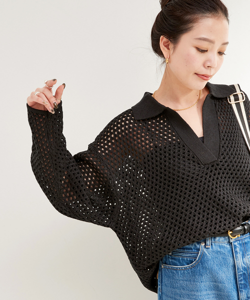 B.C STOCK（ベーセーストック）の「ウォッシャブル / 襟付きメッシュニット（ニット/セーター・レディース・ブラウン/ブラック/アイボリー・FREE）」の4枚目の写真