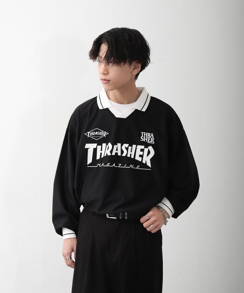 THRASHER（スラッシャー）の「【THRASHER】 襟付き ゲームシャツ ロングスリーブ Tシャツ / 長袖 ゲームシャツ / ロンT（Tシャツ/カットソー・メンズ・ホワイト/ブラック・MEDIUM/LARGE）」の4枚目の写真
