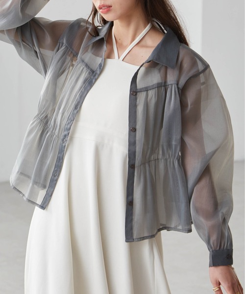 RANAN(ラナン)の「シャーリングシアーショートシャツ(シャツ/ブラウス・レディース・ブラック/ホワイト/ミント/チャコール・LL/L/M)」の12枚目の写真