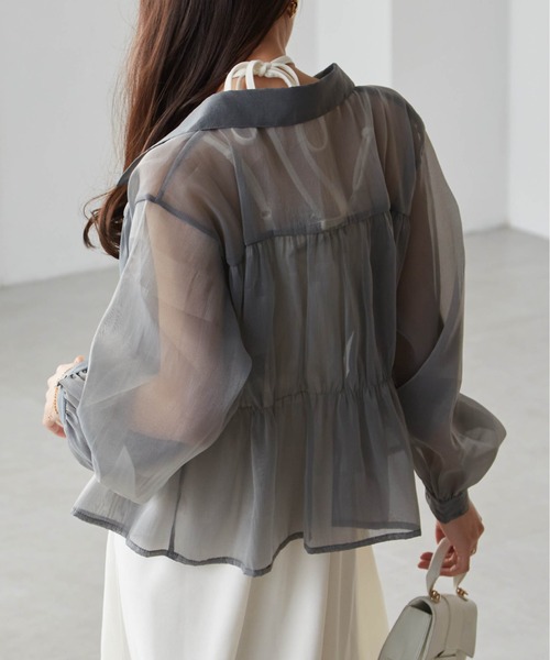 RANAN(ラナン)の「シャーリングシアーショートシャツ(シャツ/ブラウス・レディース・ブラック/ホワイト/ミント/チャコール・LL/L/M)」の13枚目の写真