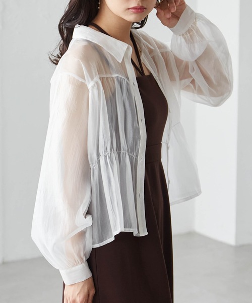 RANAN(ラナン)の「シャーリングシアーショートシャツ(シャツ/ブラウス・レディース・ブラック/ホワイト/ミント/チャコール・LL/L/M)」の5枚目の写真