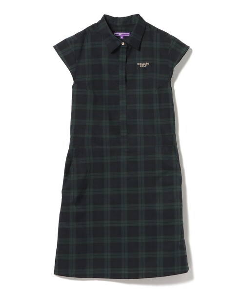 BEAMS GOLF ビームスゴルフ ポロ切替 ワンピース チェック柄 Mサイズ ビームスゴルフ 半袖ポロワンピース ネイビー×白 ギンガム
