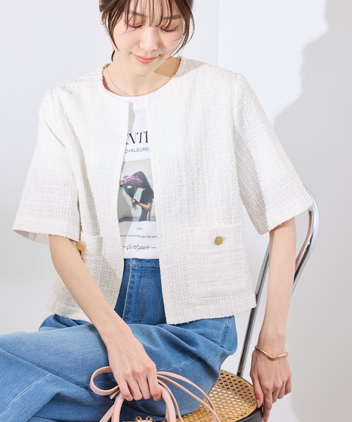 ◆ポールカ◆PAULE KA◆新品◆清涼リネンコットン◆サマーツイードジャケット セール】【サマー・ツイード】ハーフスリーブジャケット（カーディガン