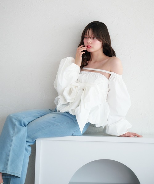 セール】2way balloon peplum ribbon blouse / 2way バルーン