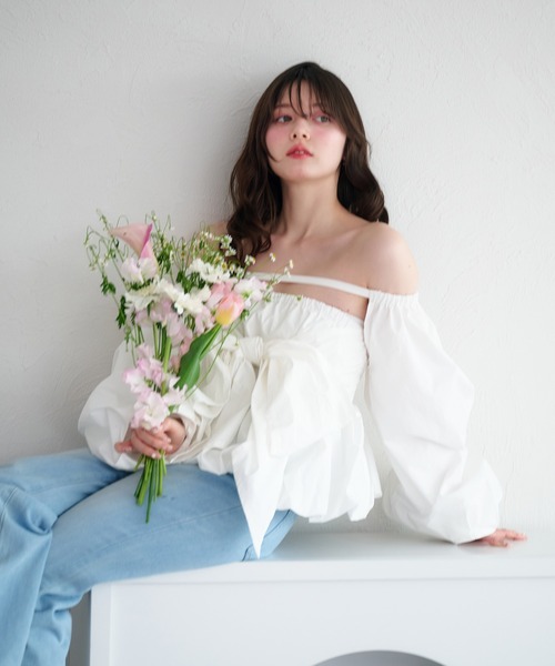 セール】2way balloon peplum ribbon blouse / 2way バルーン