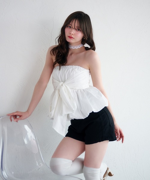 fupel 2wayバルーンペプラムリボンブラウス セール】2way balloon peplum ribbon blouse / 2way バルーン