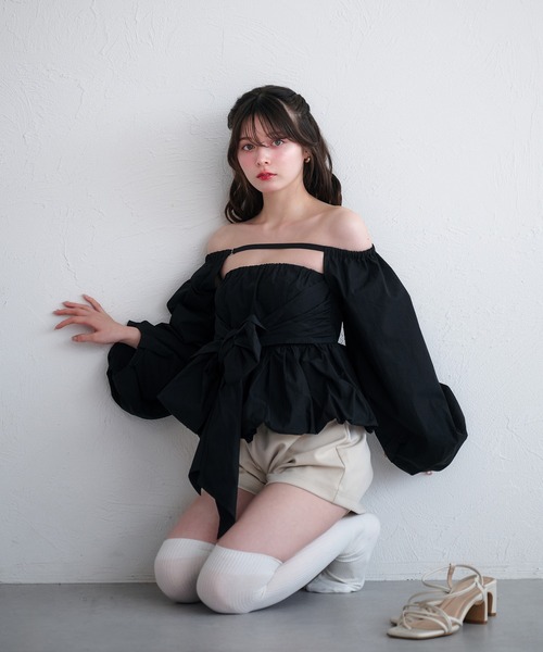 fupel 2wayバルーンペプラムリボンブラウス セール】2way balloon peplum ribbon blouse / 2way バルーン