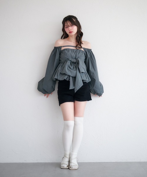 セール】2way balloon peplum ribbon blouse / 2way バルーン