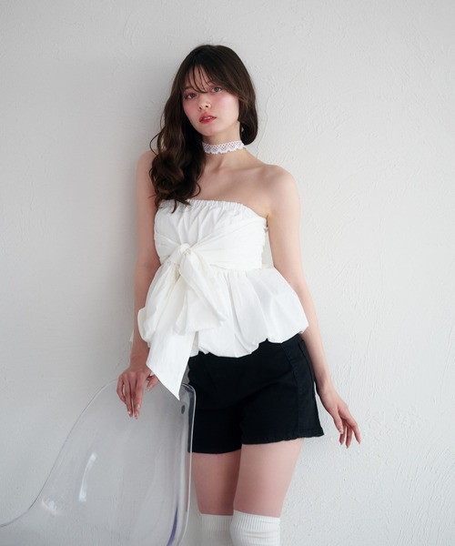 fupel(フぺル)の「2way balloon peplum ribbon blouse / 2way バルーンペプラムリボンブラウス(シャツ/ブラウス・レディース・ブラック/チャコールグレー/オフホワイト・FREE)」の4枚目の写真
