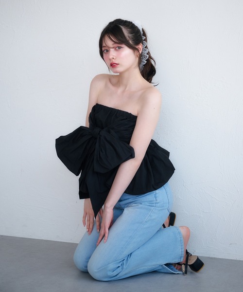 fupel(フぺル)の「2way balloon peplum ribbon blouse / 2way バルーンペプラムリボンブラウス(シャツ/ブラウス・レディース・ブラック/チャコールグレー/オフホワイト・FREE)」の6枚目の写真