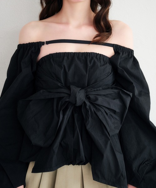 セール】2way balloon peplum ribbon blouse / 2way バルーン