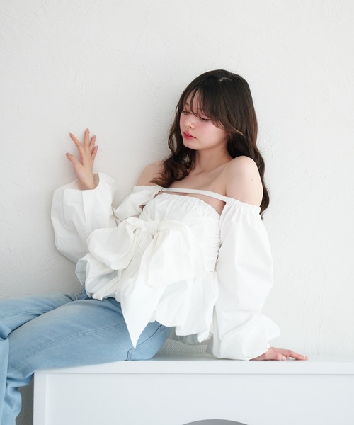 fupel(フぺル)の「2way balloon peplum ribbon blouse / 2way バルーンペプラムリボンブラウス(シャツ/ブラウス・レディース・ブラック/チャコールグレー/オフホワイト・FREE)」の7枚目の写真