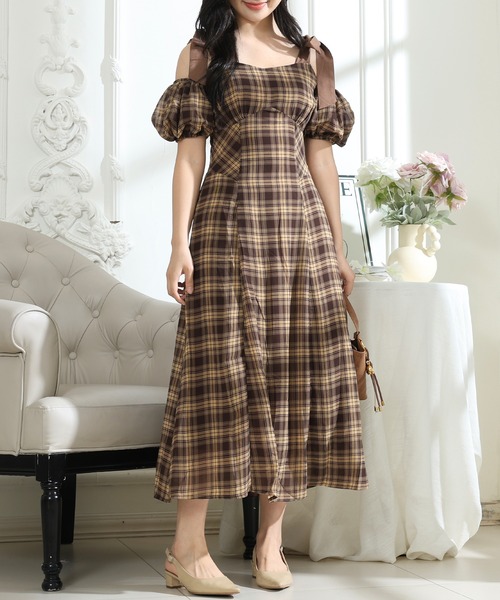 セール】タータンチェック 肩リボン オフショル ロング ワンピース