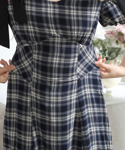 タータンチェック 肩リボン オフショル ロング ワンピース（ワンピース