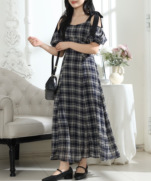 ダックス ロングワンピース ハウスチェック　リボン 美品ダックスシャツワンピースフリルロング丈ハウスチェックリボン38
