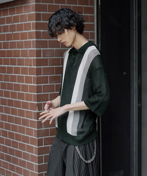 Bleme（ブレム）の「レトロストライプ 半袖 メッシュニット ポロシャツ（ポロシャツ・メンズ・グリーン/ブラック・S/M/L/XL）」の7枚目の写真