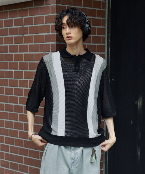 Bleme（ブレム）の「レトロストライプ 半袖 メッシュニット ポロシャツ（ポロシャツ・メンズ・グリーン/ブラック・S/M/L/XL）」の14枚目の写真