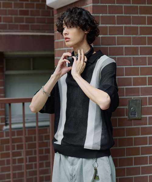 Bleme（ブレム）の「レトロストライプ 半袖 メッシュニット ポロシャツ（ポロシャツ・メンズ・グリーン/ブラック・S/M/L/XL）」の15枚目の写真