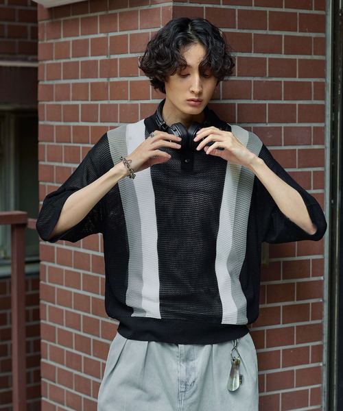 FR2 梅　ストライプニットポロシャツ FR2 梅 ストライプニットポロシャツ