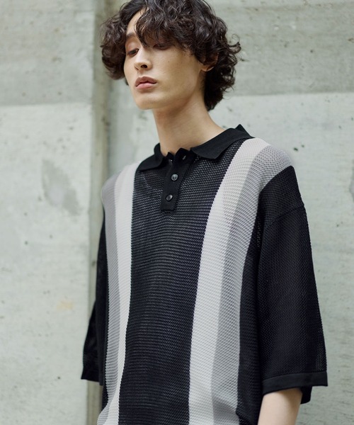 FR2 梅　ストライプニットポロシャツ FR2 梅 ストライプニットポロシャツ