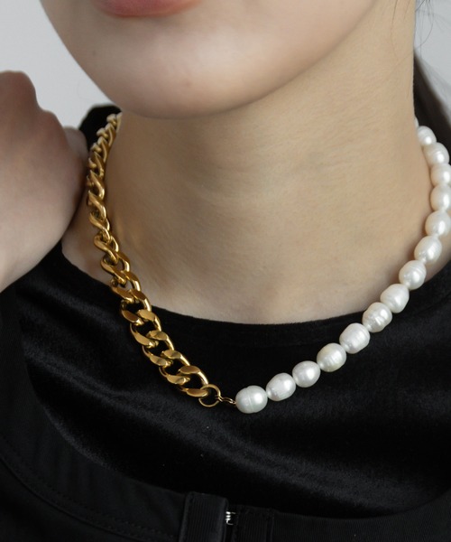 abaskdesign（アバスクデザイン）の「金属アレルギー対応  淡水パール&喜平チェーンチョーカーネックレス（チョーカー・レディース・ゴールド・FREE）」の8枚目の写真