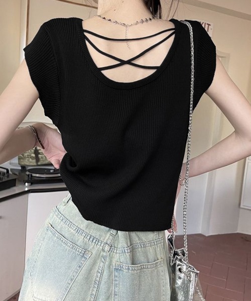 Miniministore(ミニミニストア)の「フレンチスリーブ サマーニット 韓国風(ニット/セーター・レディース・ブラック/ホワイト/ブラウン・FREE)」の1枚目の写真